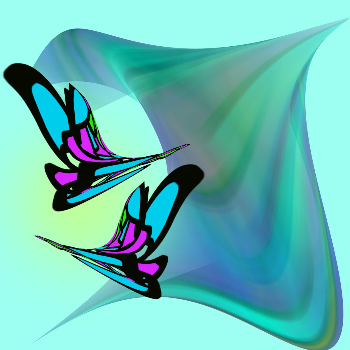 Colourful butterfly illustration on a gradient background.
