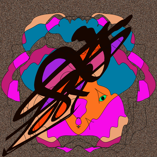 Colorful abstract design with a prominent black logo on a brown background